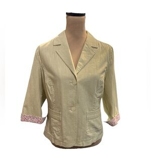 J. JILL Light Green Light Cotton Textured Unlined Jacket, Floral Flip Cuffs Sz 8